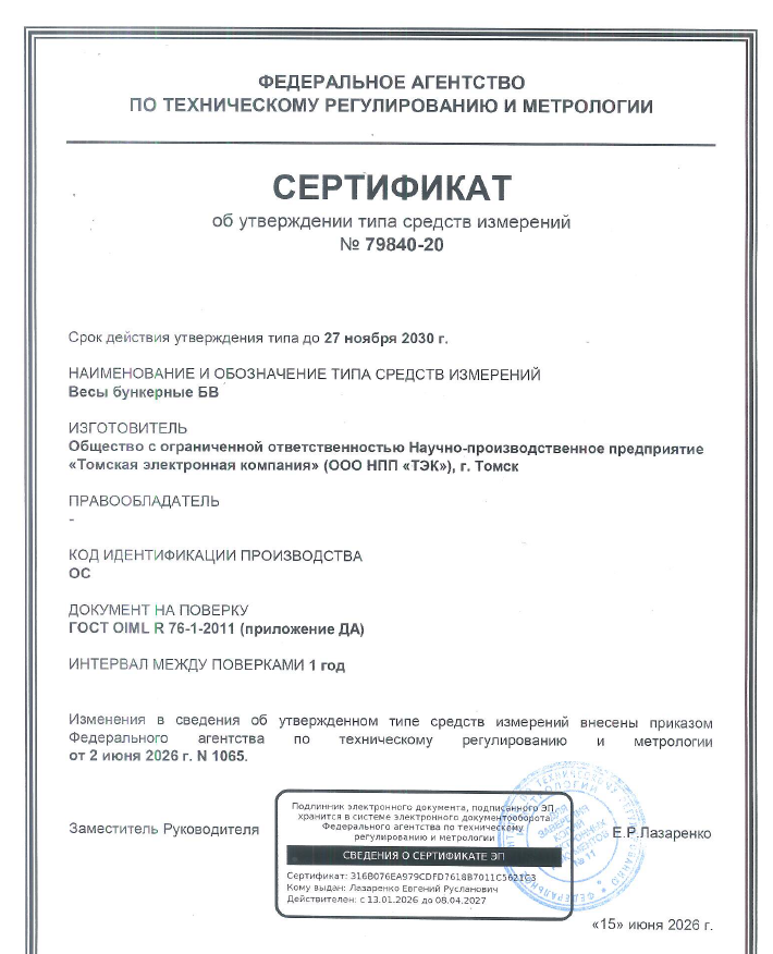 Сертификат об утверждении типа средств измерений от 15/06/26